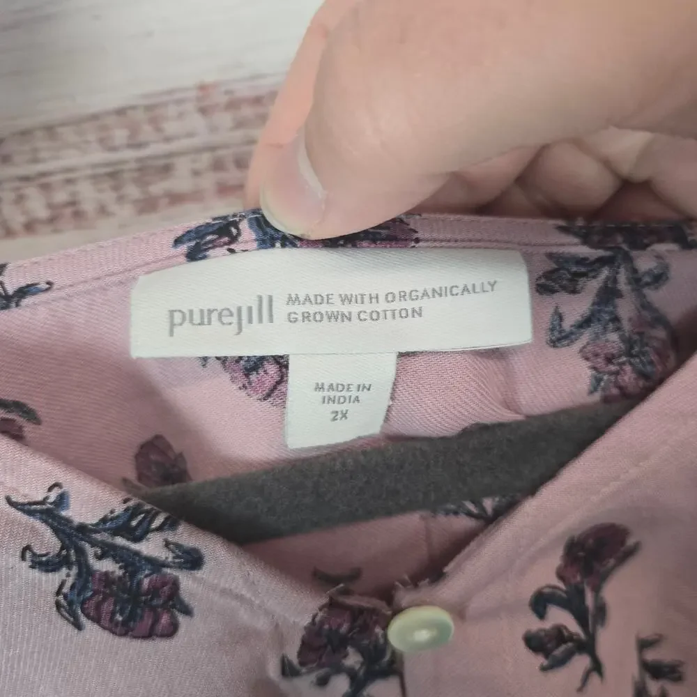 Pure Jill Pink Organic Cotton Top 2X V-Neck ButtonTop Floral Cottage Casual NWT